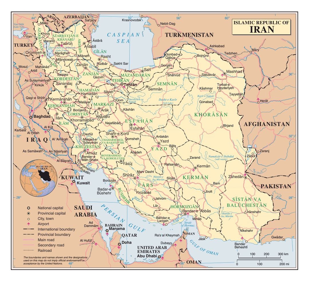 Grande detallado mapa político de Irán con carreteras, ciudades y aeropuertos