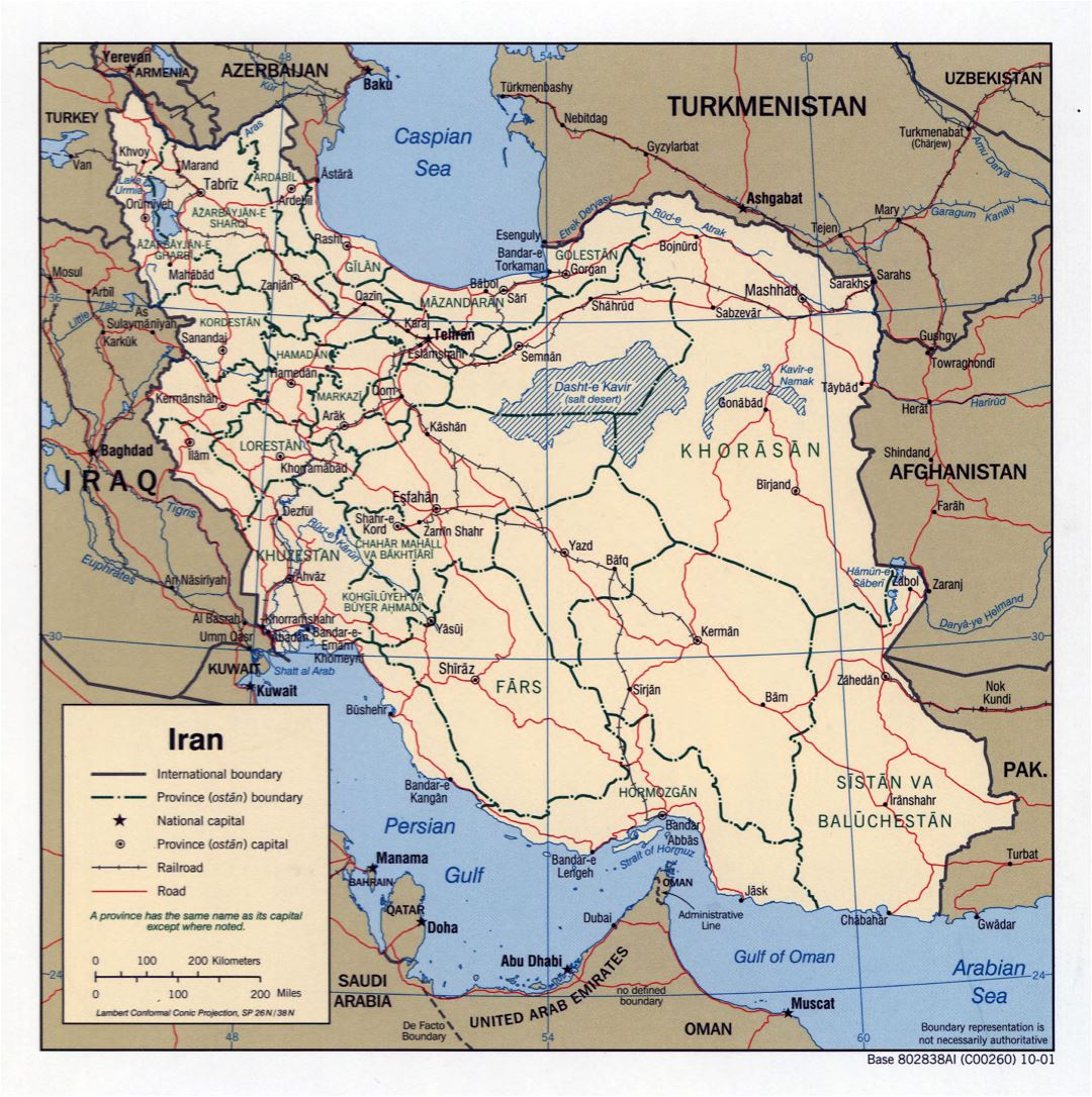 Grande detallado mapa político y administrativo de Irán con carreteras, ferrocarriles y ciudades - 2001