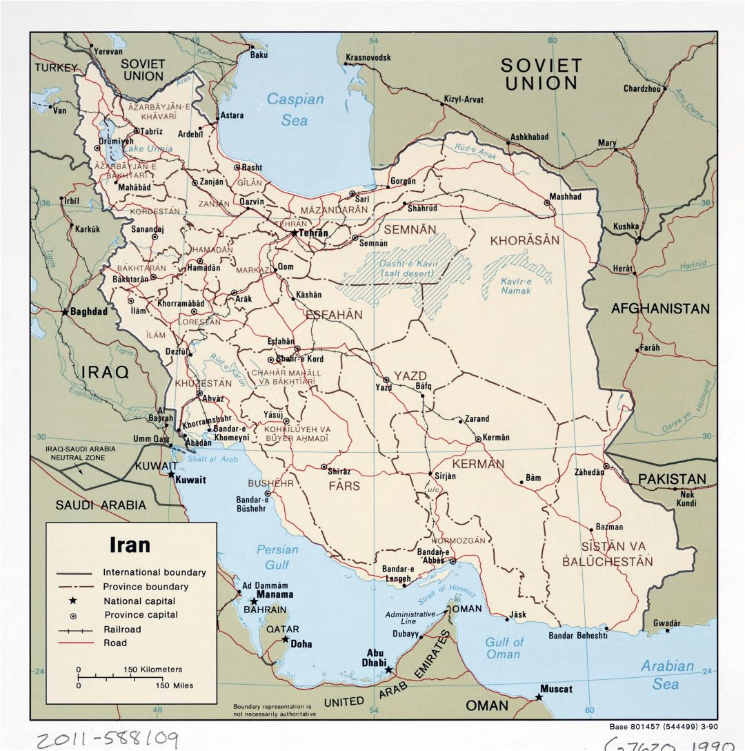 Grande detallado mapa político y administrativo de Irán con carreteras, ferrocarriles y principales ciudades - 1990