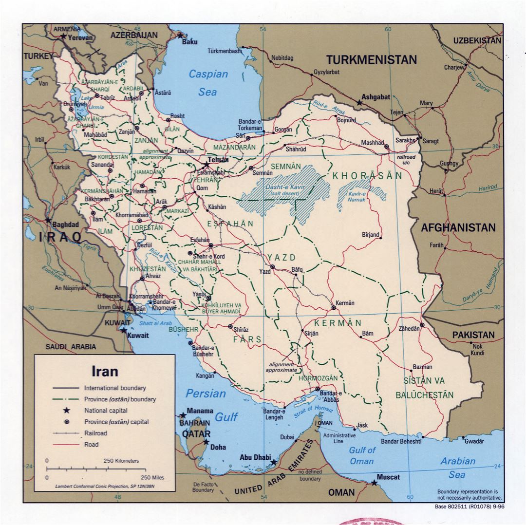 Grande detallado mapa político y administrativo de Irán con carreteras, ferrocarriles y principales ciudades - 1996