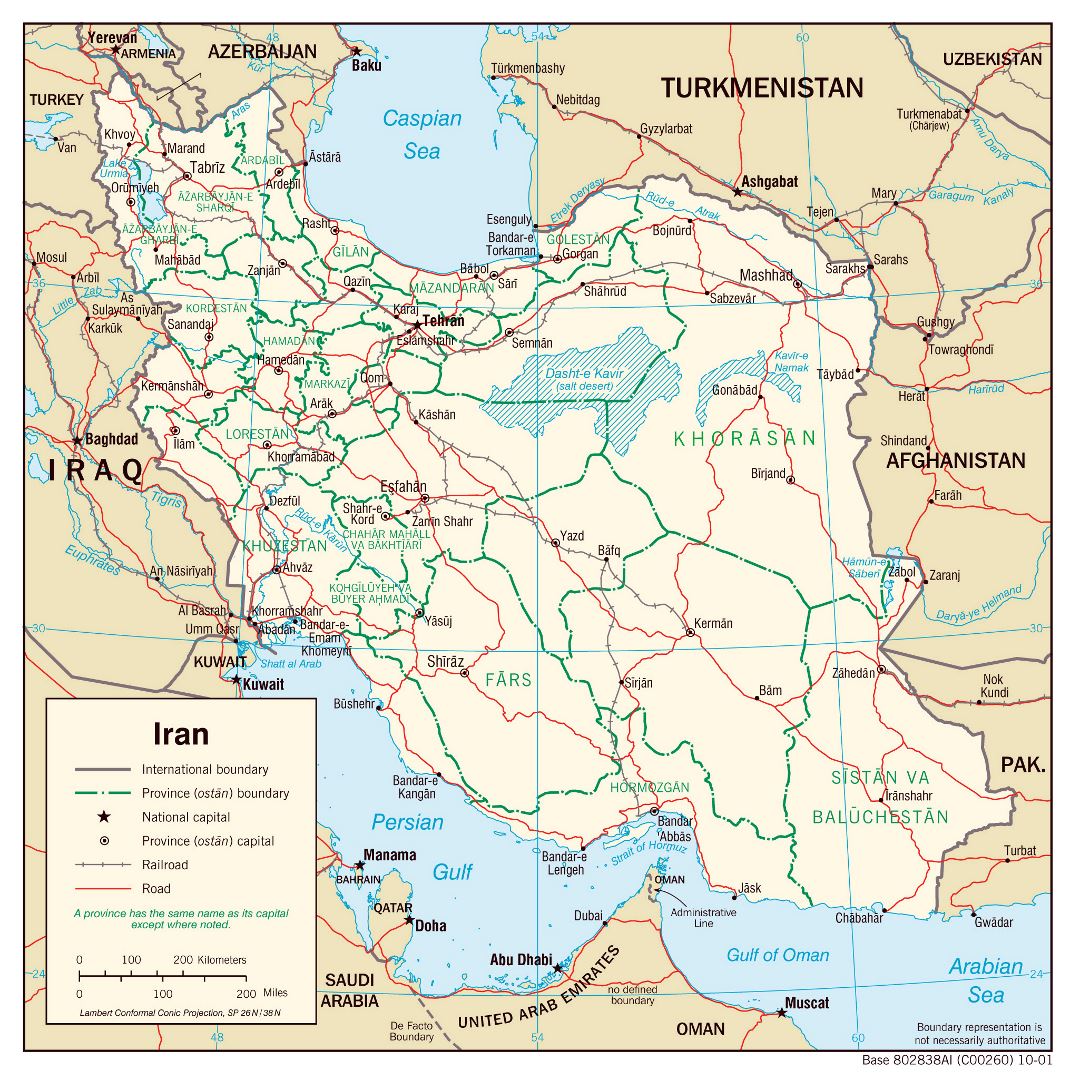 Grande detallado mapa político y administrativo de Irán con carreteras, ferrocarriles y principales ciudades - 2001