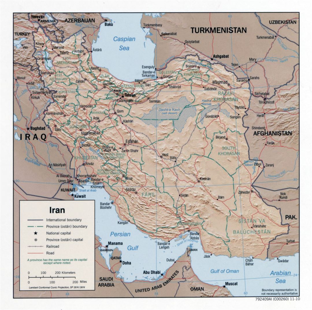 Grande detallado mapa político y administrativo de Irán con relieve, caminos, ferrocarriles y principales ciudades - 2010