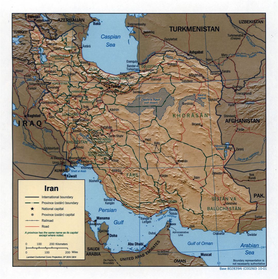 Grande detallado mapa político y administrativo de Irán con relieve, carreteras, ferrocarriles y ciudades - 2001
