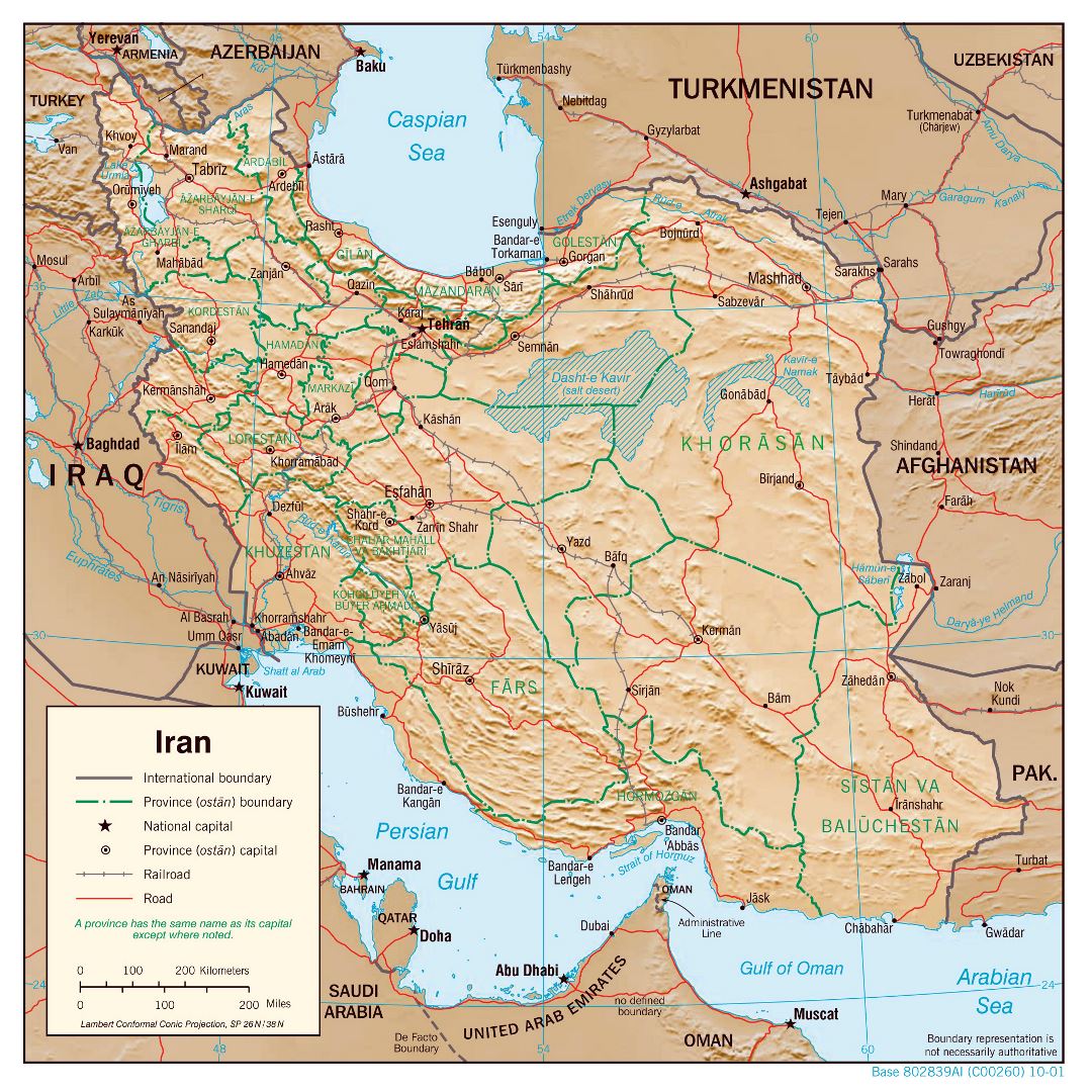 Grande detallado mapa político y administrativo de Irán con relieve, carreteras, ferrocarriles y principales ciudades - 2001