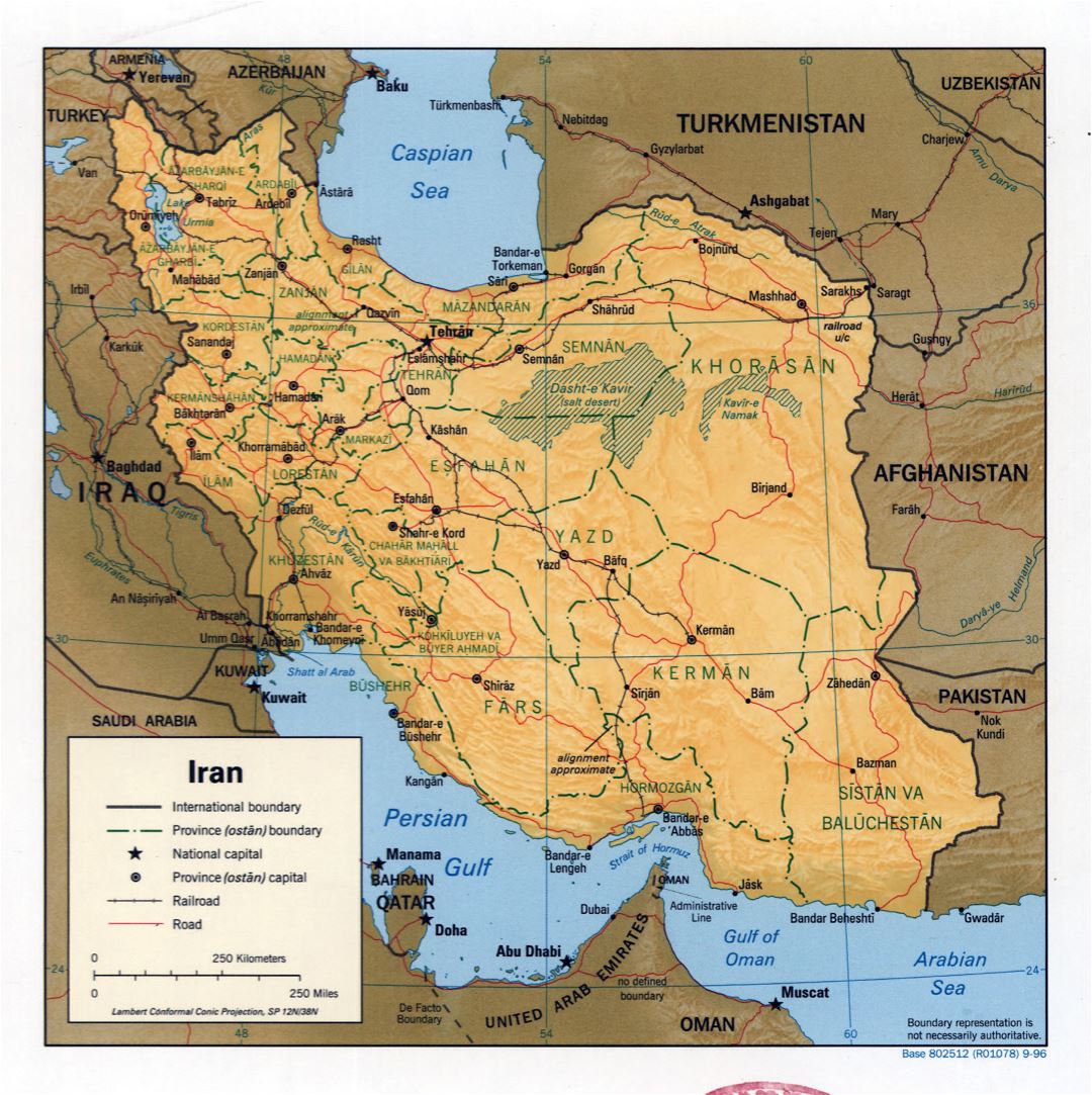 Grande detallado mapa político y administrativo de Irán con socorro, carreteras, ferrocarriles y principales ciudades - 1996