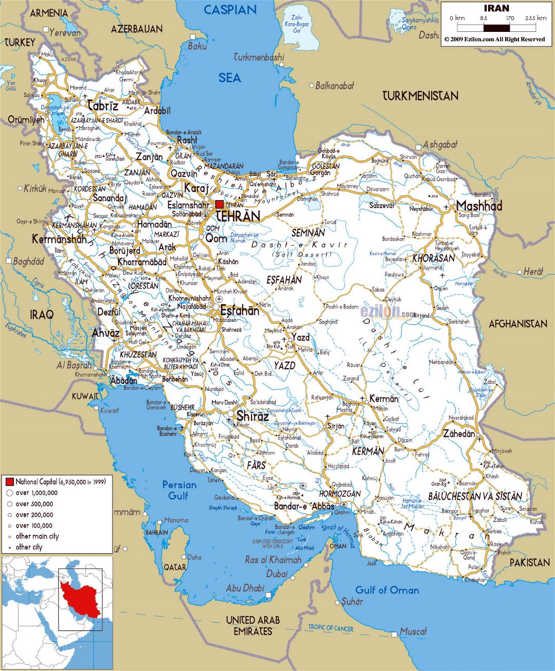 Grande mapa de carreteras de Irán con todas ciudades y aeropuertos