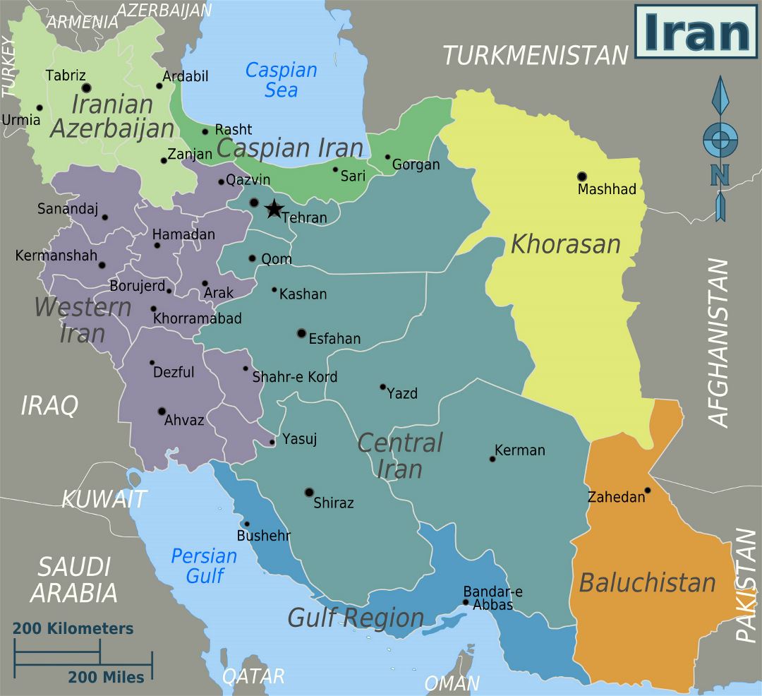 Grande mapa de regiones de Irán