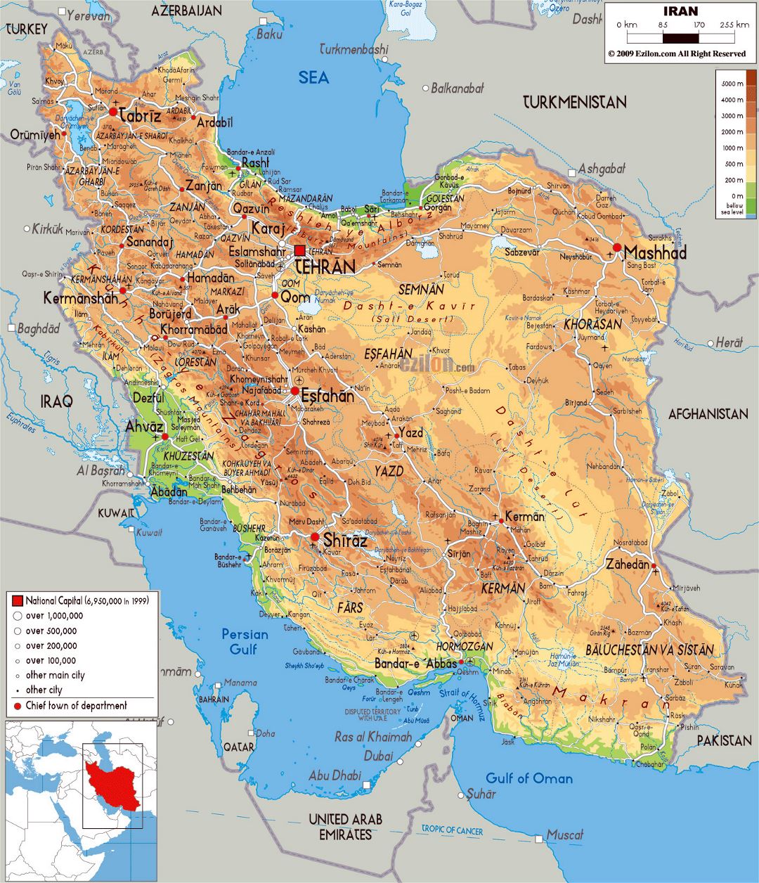Grande mapa físico de Irán con todas ciudades, carreteras y aeropuertos