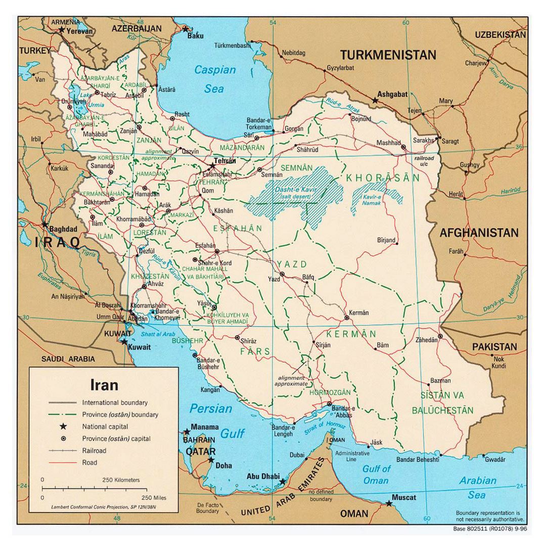 Grande mapa político y administrativo de Irán con carreteras, ferrocarriles y ciudades - 1996