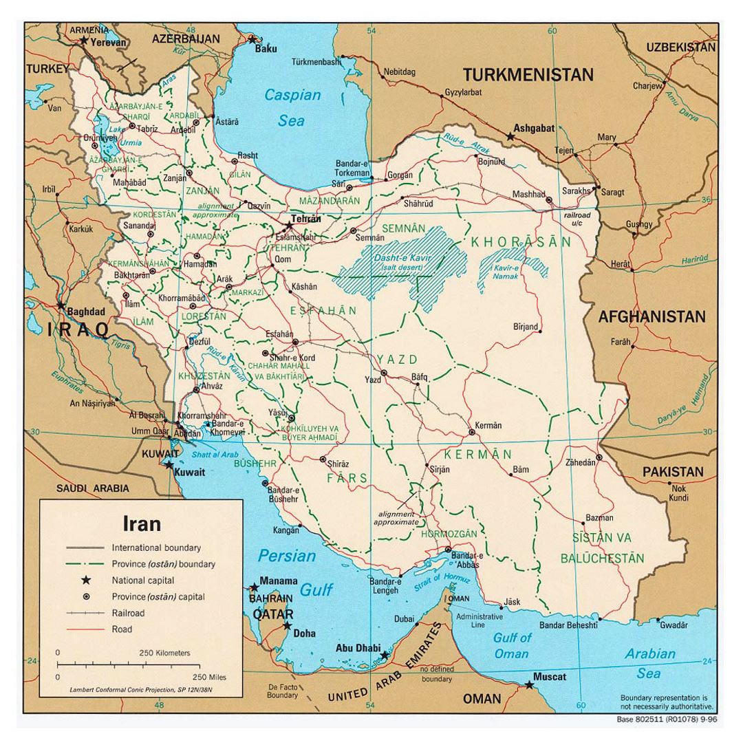 Grande mapa político y administrativo de Irán con carreteras, ferrocarriles y ciudades - 1996