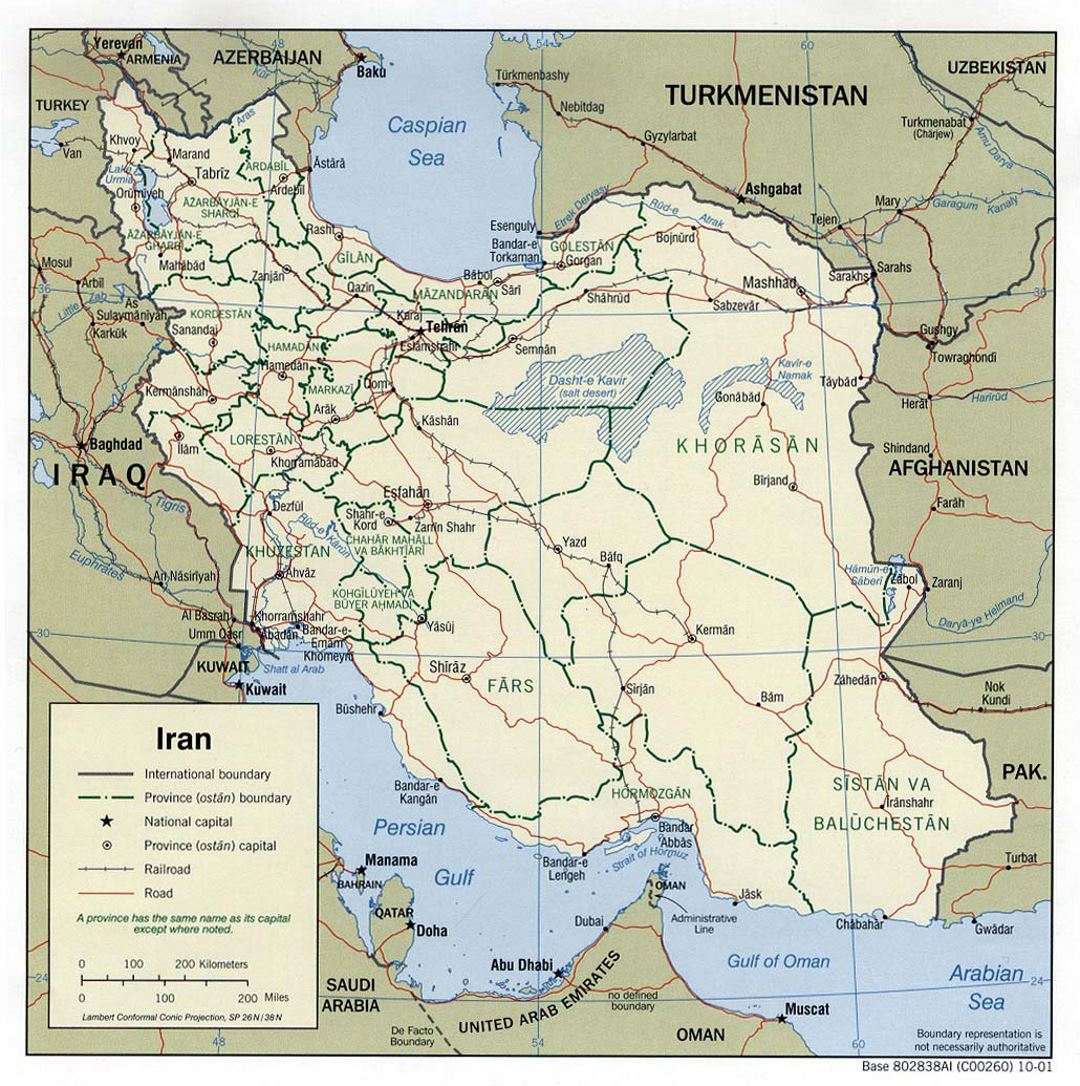 Grande mapa político y administrativo de Irán con carreteras, ferrocarriles y principales ciudades - 2001