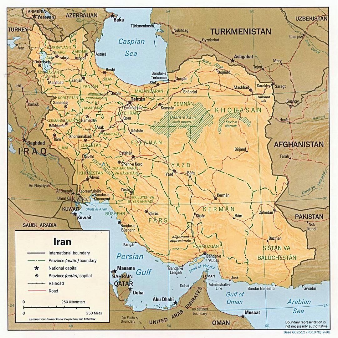 Grande mapa político y administrativo de Irán con socorro, carreteras, ferrocarriles y ciudades - 1996
