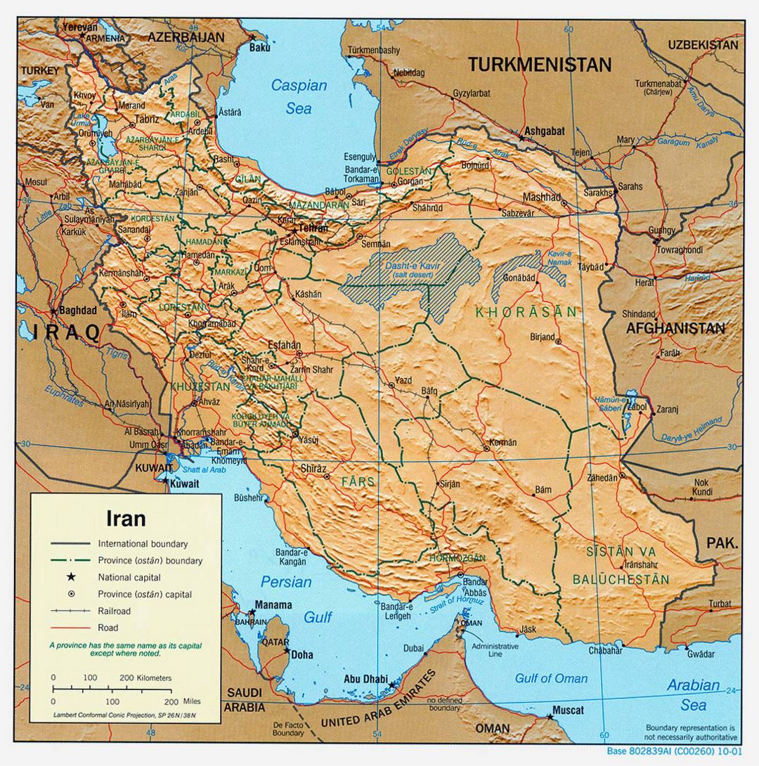 Grande mapa político y administrativo de Irán con socorro, carreteras, ferrocarriles y principales ciudades - 2001
