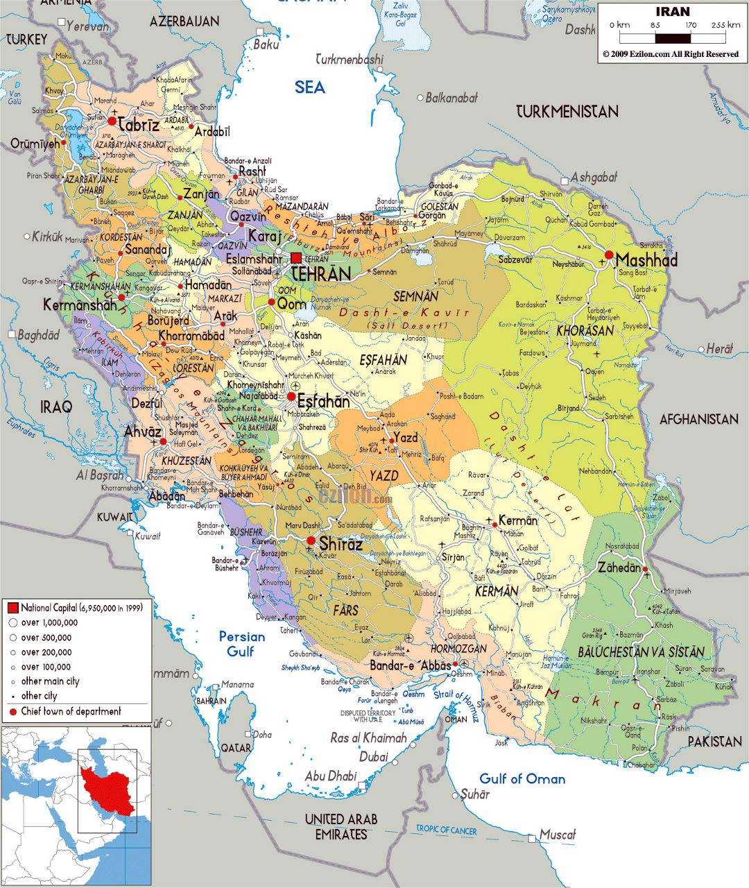 Grande mapa político y administrativo de Irán con todas ciudades, carreteras y aeropuertos