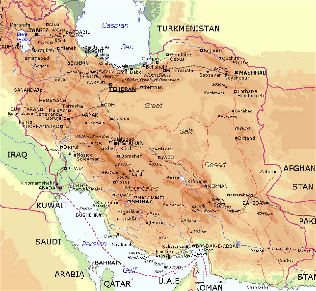 Mapa de elevación de Irán con ciudades