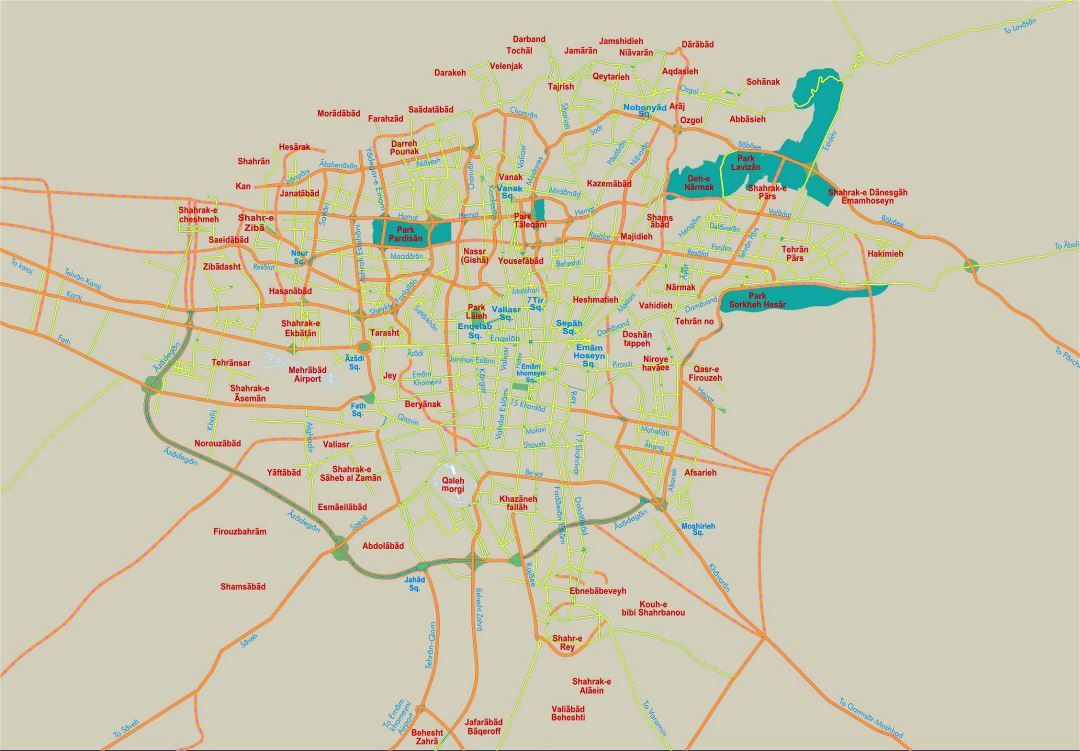 Detallado mapa de carreteras de la ciudad de Teherán