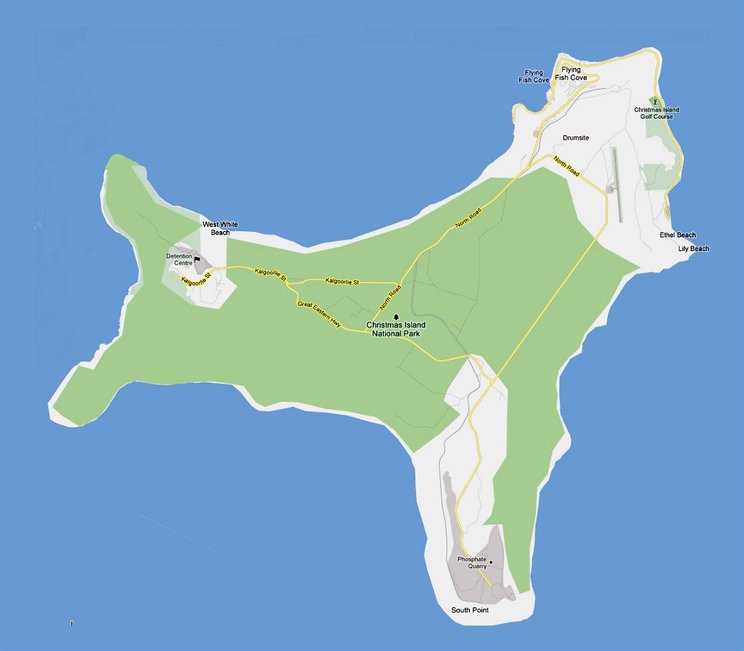 Detallado mapa de carreteras de la Isla de Navidad con ciudades
