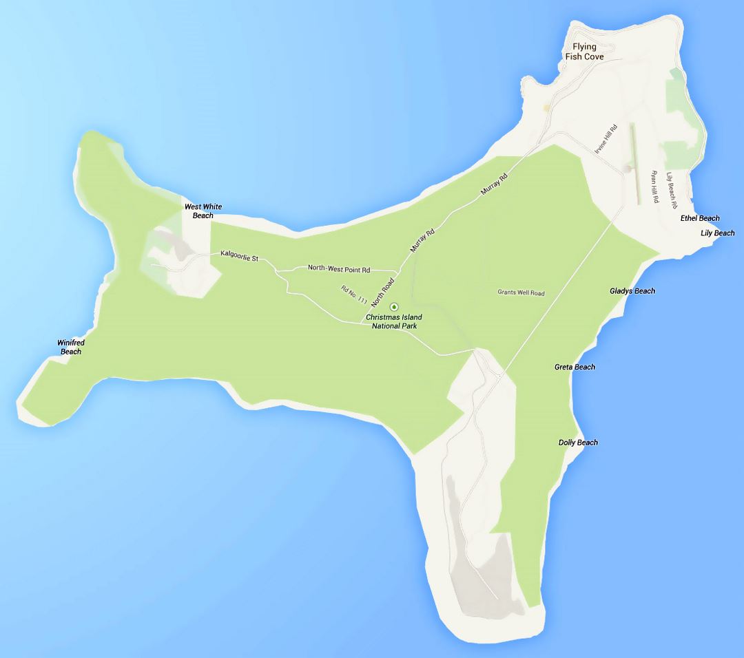 Detallado mapa de carreteras de la Isla de Navidad con todas ciudades