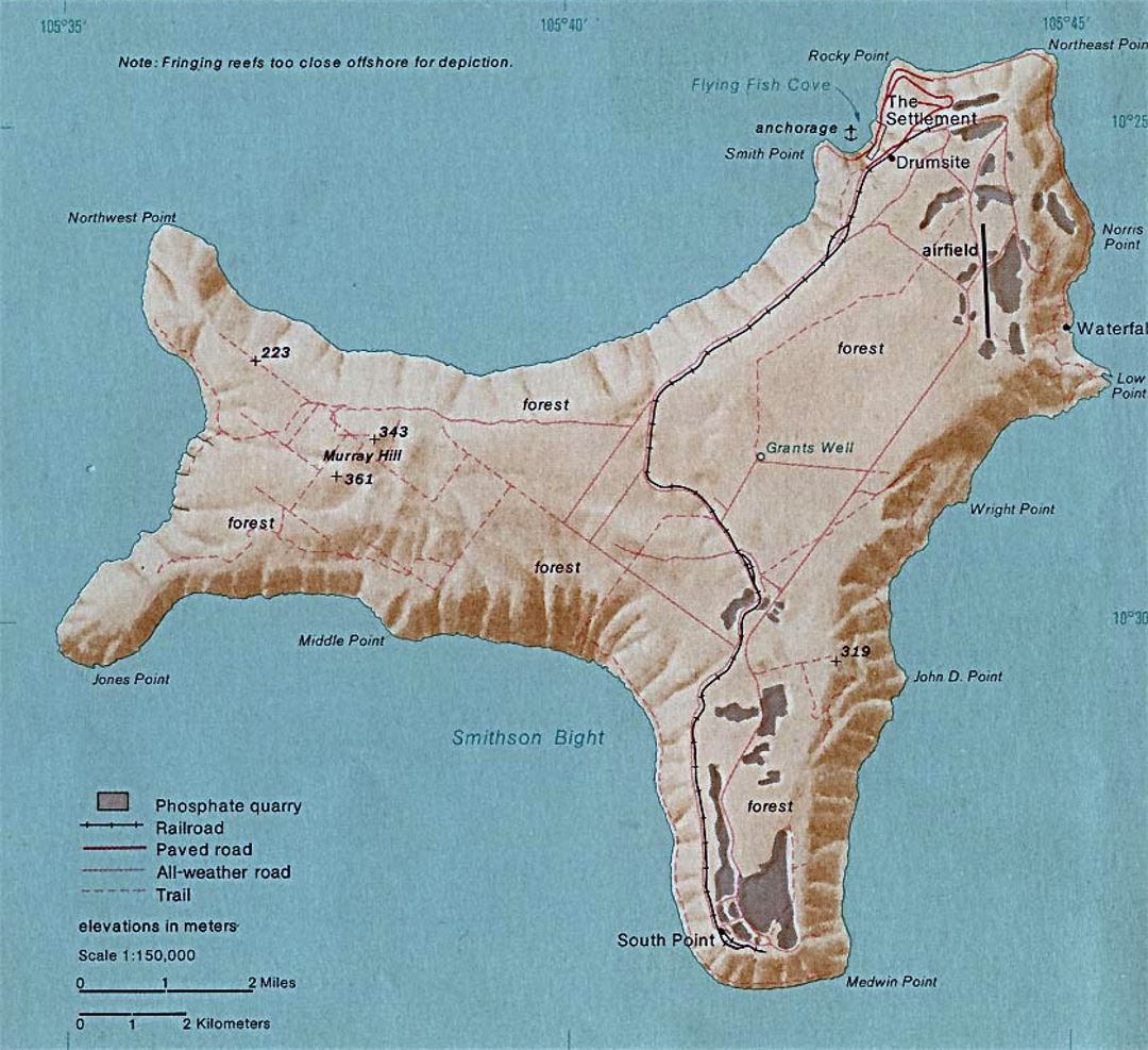 Detallado mapa de la Isla de Navidad con carreteras y ferrocarril - 1976