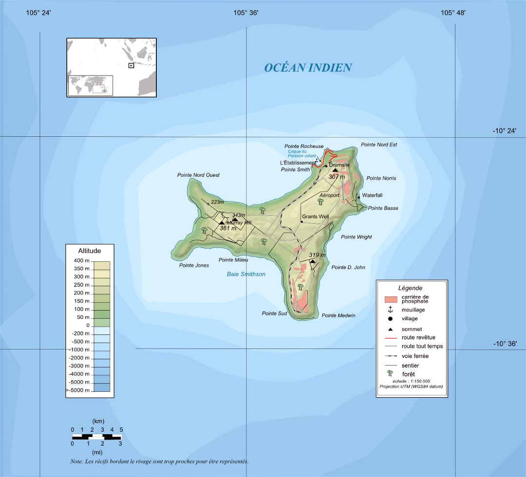 Grande detallado mapa físico de la Isla de Navidad en idioma francés