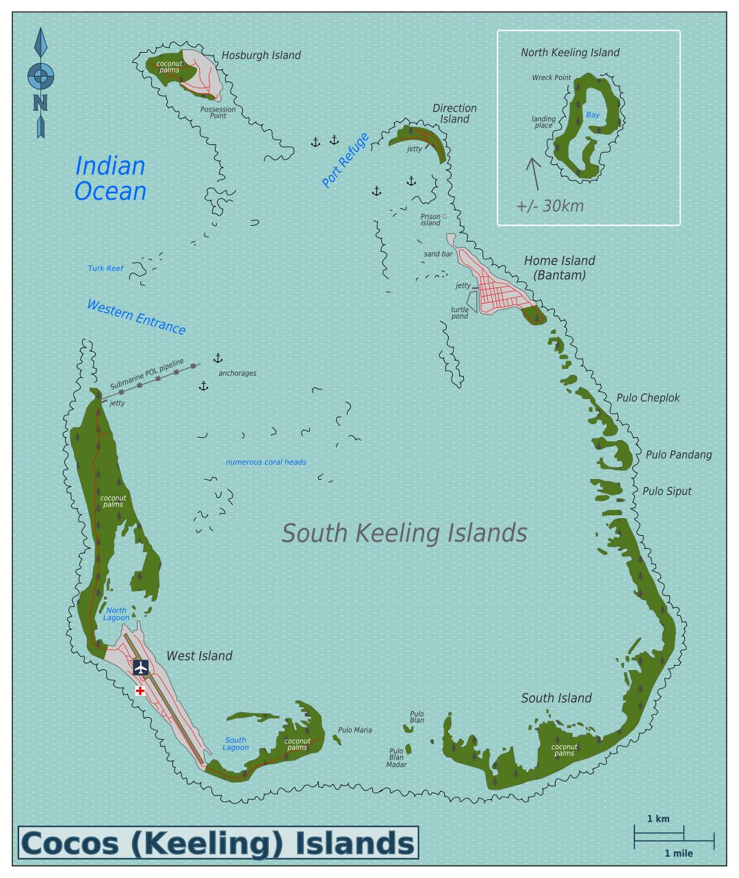 A gran escala mapa de las Islas Cocos con ciudades y aeropuerto