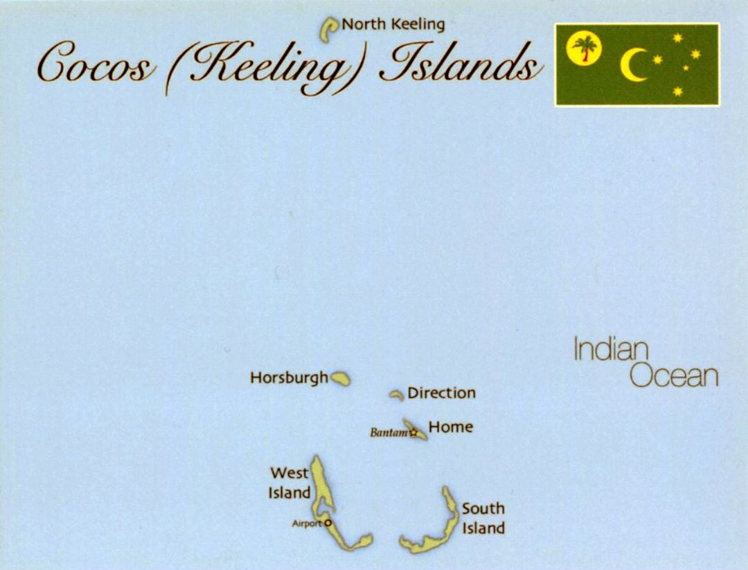 Detallado mapa de las Islas Cocos (Keeling) con bandera