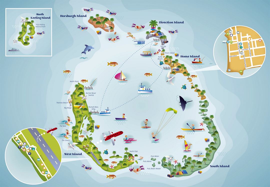 Detallado mapa turístico ilustrado de las Islas Cocos (Keeling)