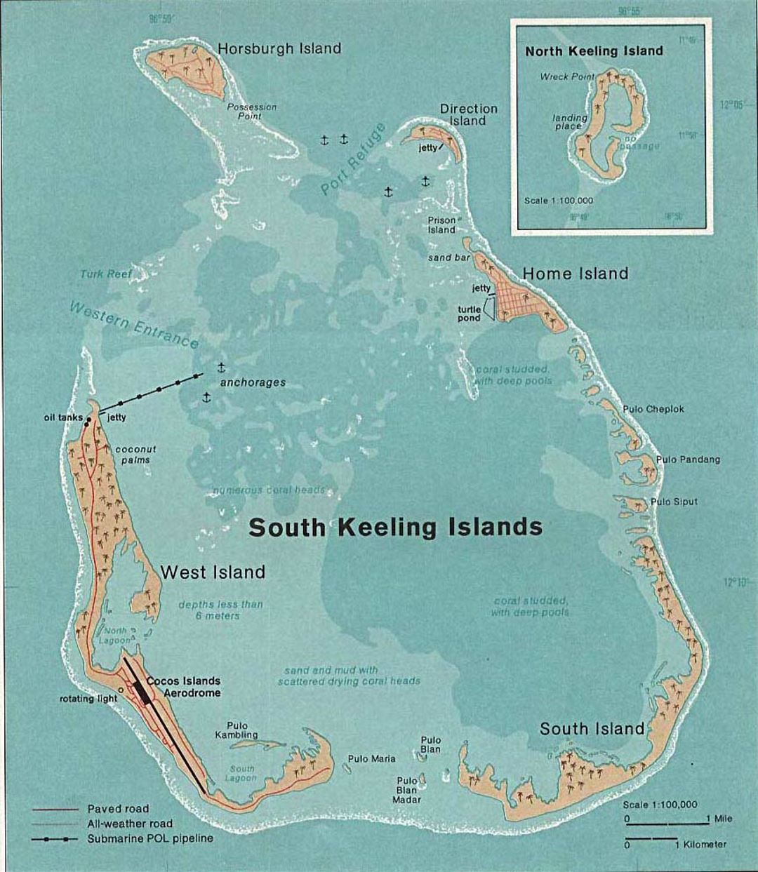 Grande detallado mapa de las Islas Cocos (Keeling) con ciudades y aeropuerto - 1976