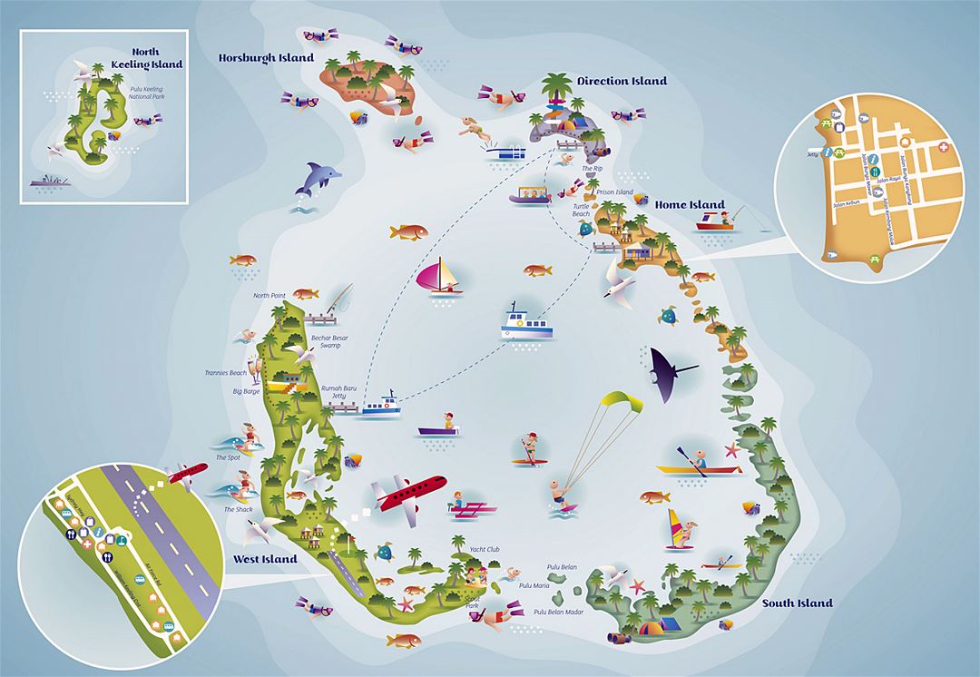 Grande detallado mapa turístico ilustrado de las Islas Cocos (Keeling)
