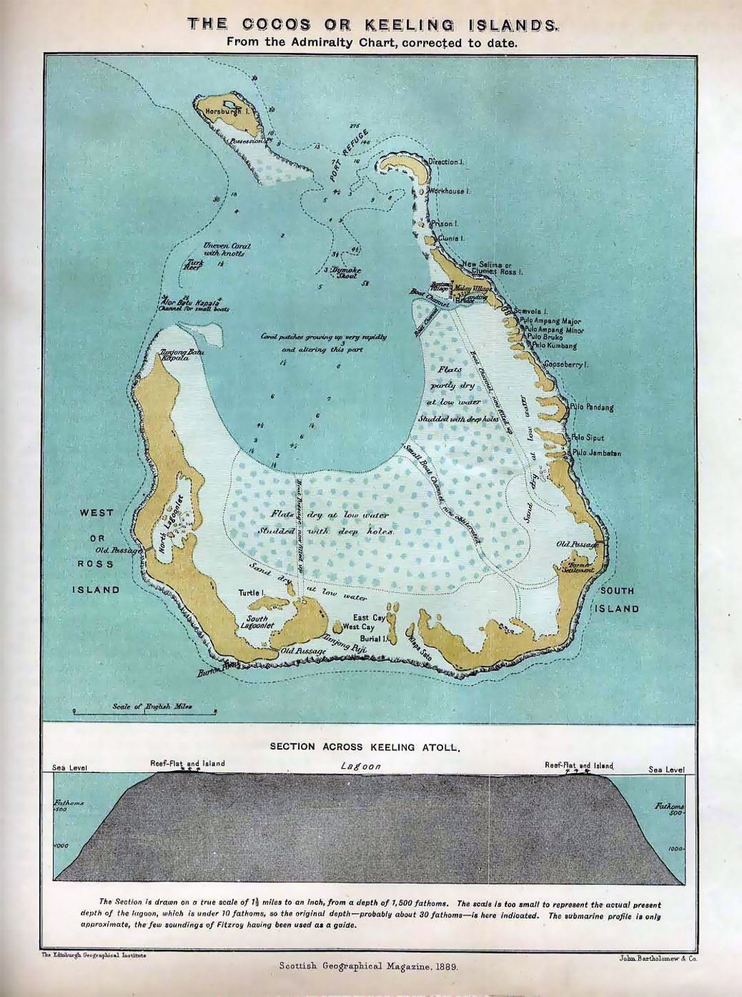 Grande mapa antiguo de las Islas Cocos (Keeling) - 1889