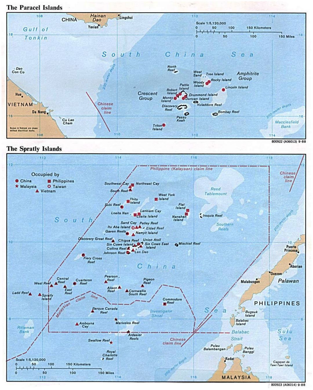 Detallado mapa político de las Islas Paracelso y las Islas Spratly - 1988