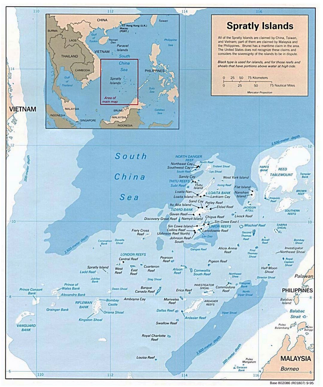 Detallado mapa político de las Islas Spratly - 1995