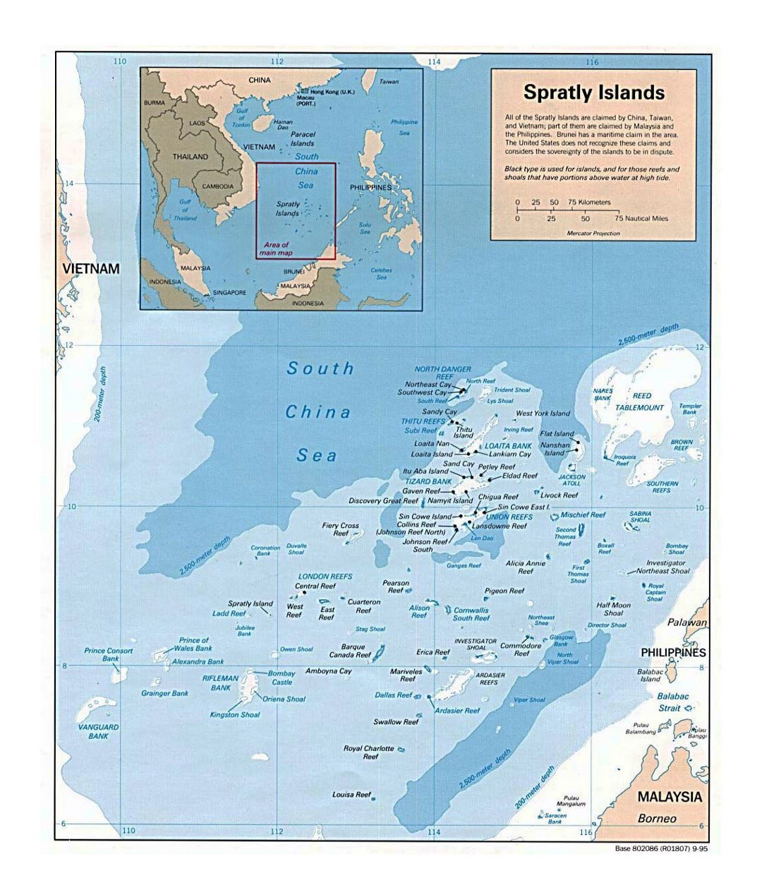 Grande mapa político de las Islas Spratly - 1995