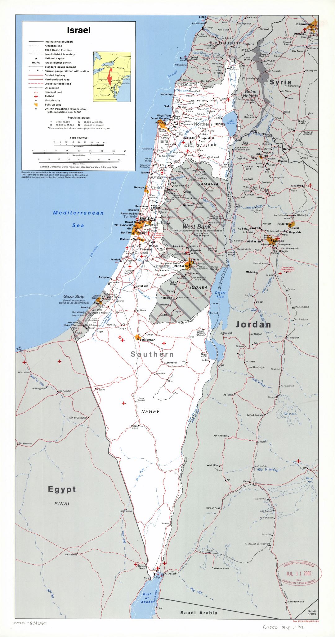A gran escala mapa político y administrativo de Israel con carreteras, ferrocarriles, ciudades, puertos, aeropuertos y otras marcas - 1988