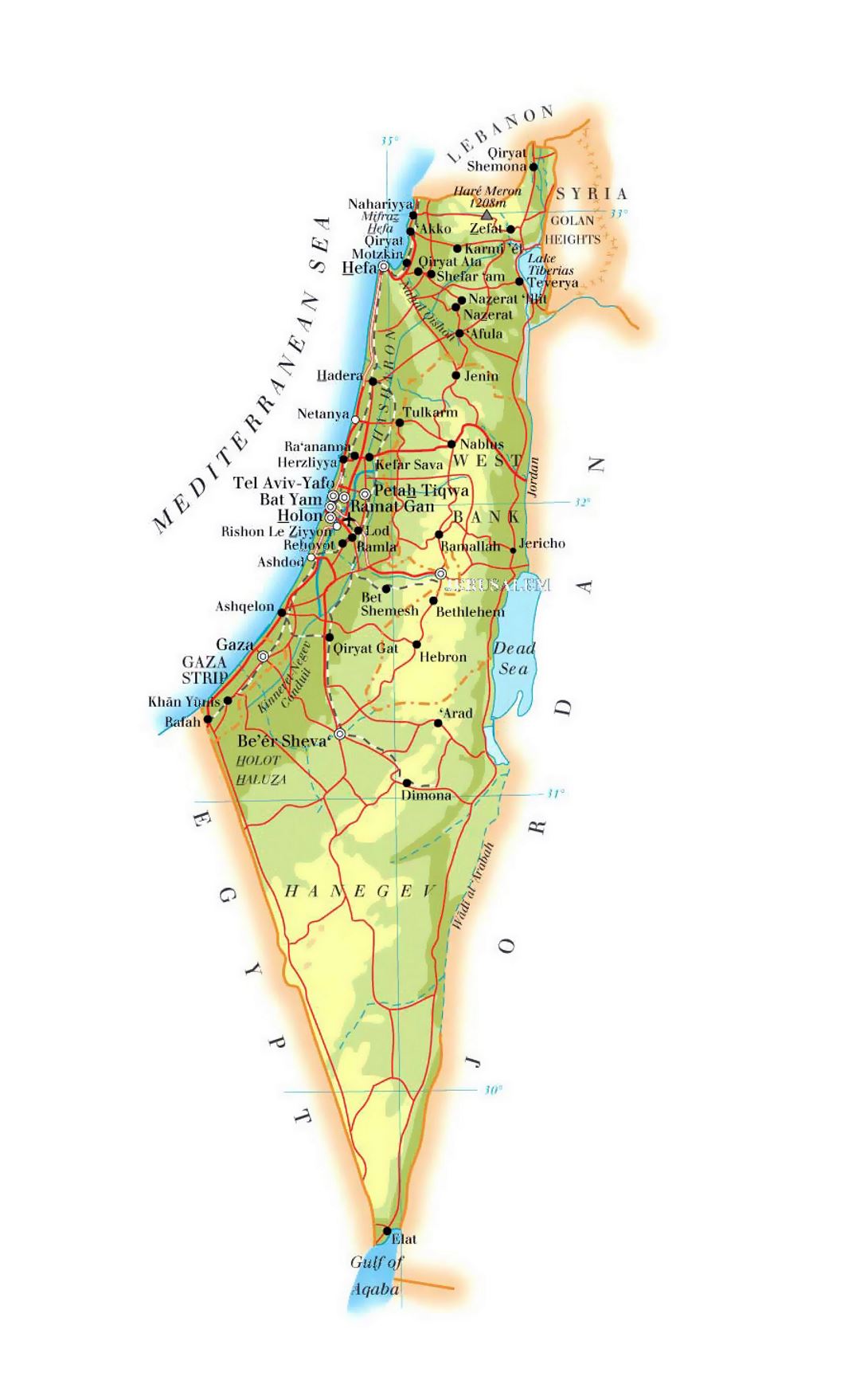 Detallado mapa de elevación de Israel con carreteras, ciudades y aeropuertos