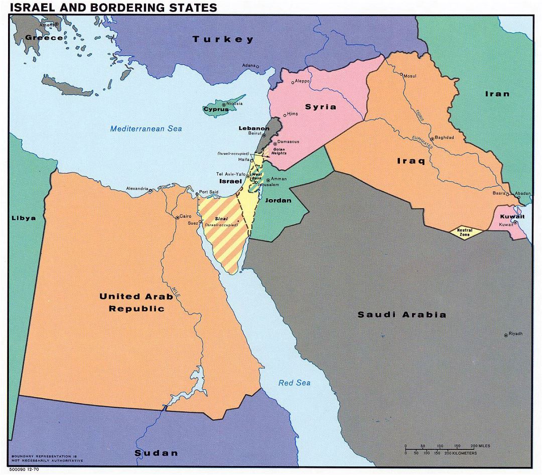 Detallado mapa de Israel y Estados limítrofes - 1970