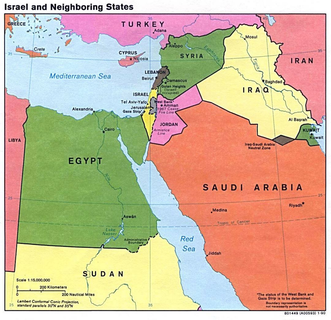 Detallado mapa de Israel y Estados vecinos - 1990