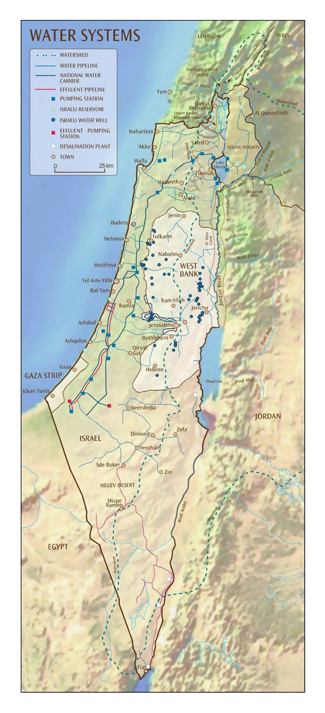 Detallado mapa de sistemas de agua de Israel