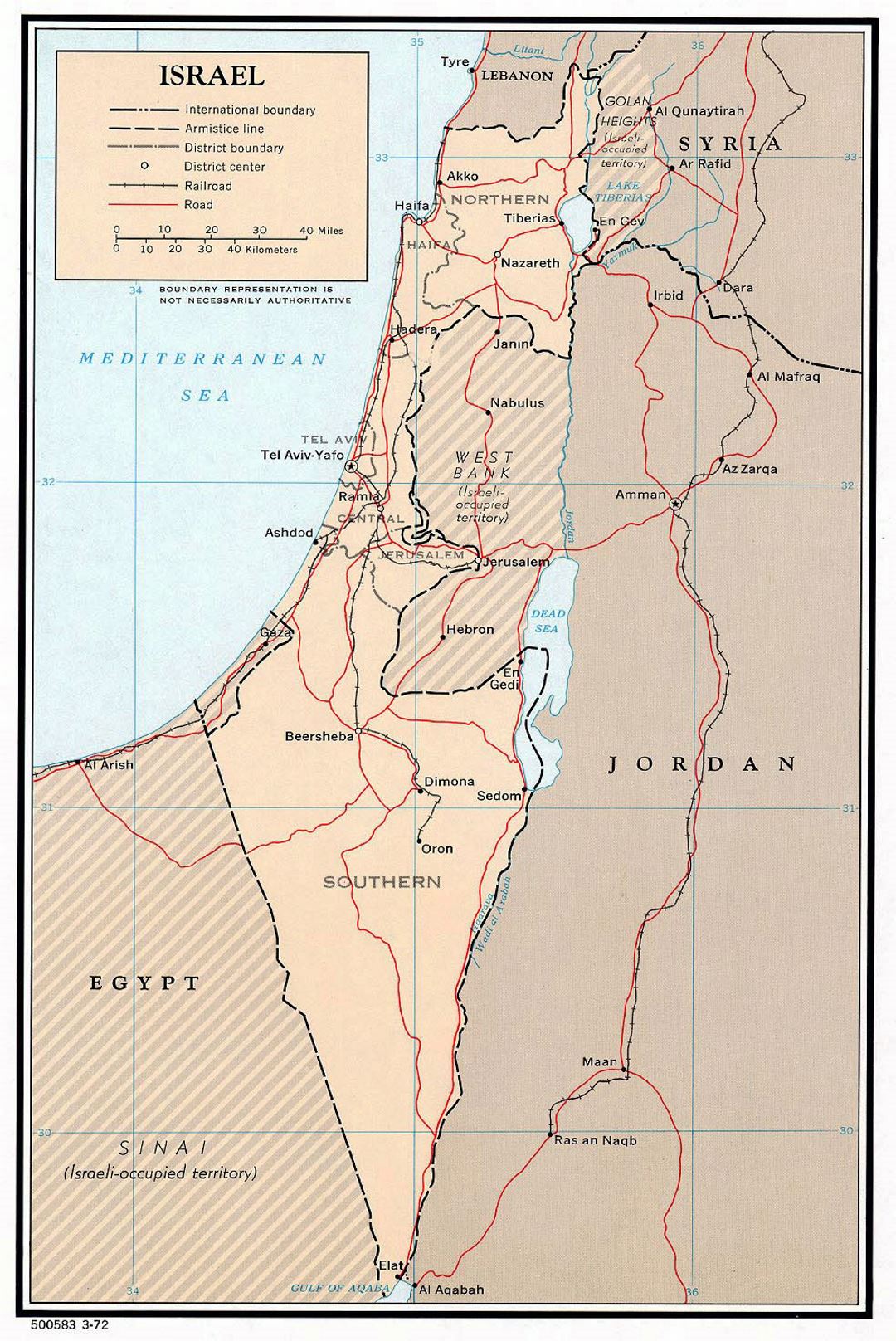 Detallado mapa político y administrativo de Israel con carreteras, ferrocarriles y principales ciudades - 1972