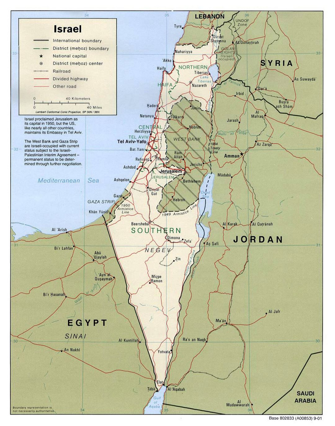 Detallado mapa político y administrativo de Israel con carreteras, ferrocarriles y principales ciudades - 2001
