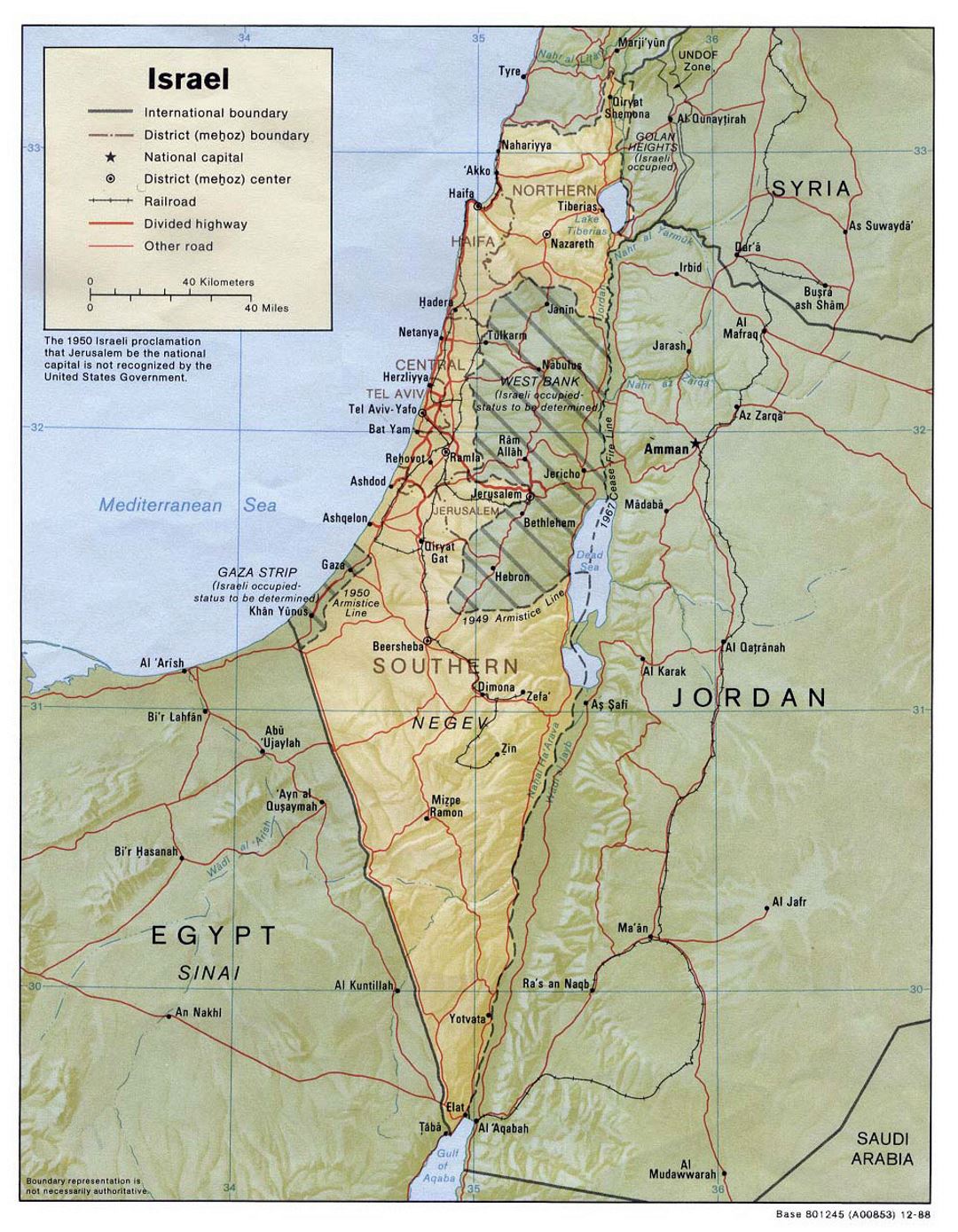 Detallado mapa político y administrativo de Israel con relieve, carreteras, ferrocarriles y ciudades - 1988