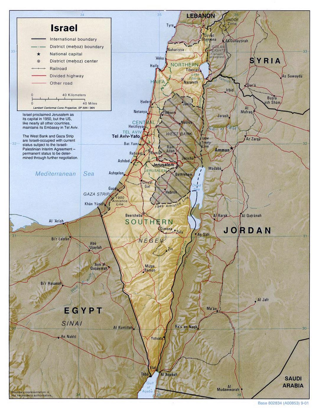 Detallado mapa político y administrativo de Israel con socorro, carreteras, ferrocarriles y principales ciudades - 2001