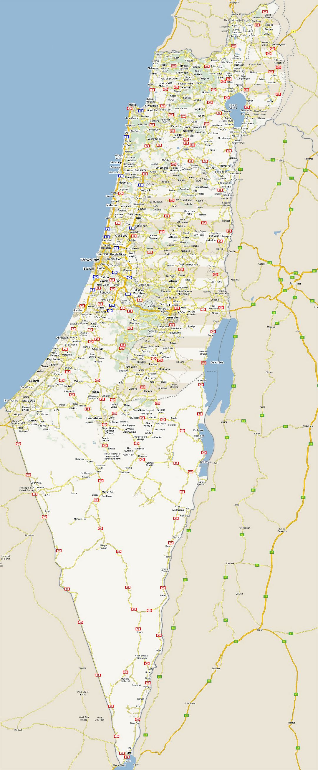 Grande detallado mapa de carreteras de Israel con todas las ciudades