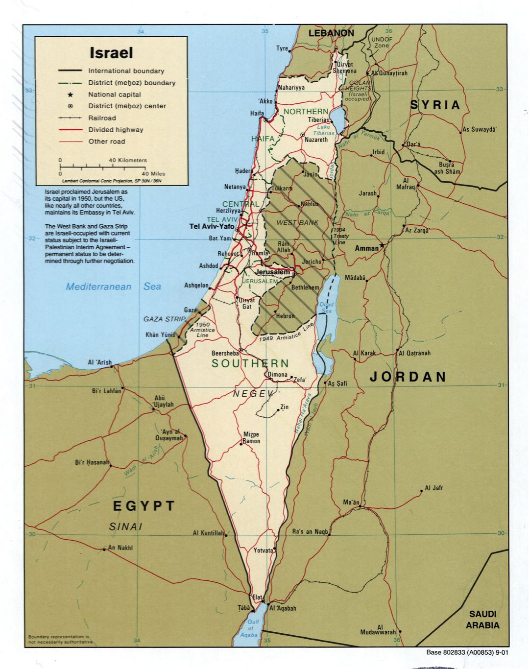 Grande detallado mapa político y administrativo de Israel con carreteras, ferrocarriles y principales ciudades - 2001