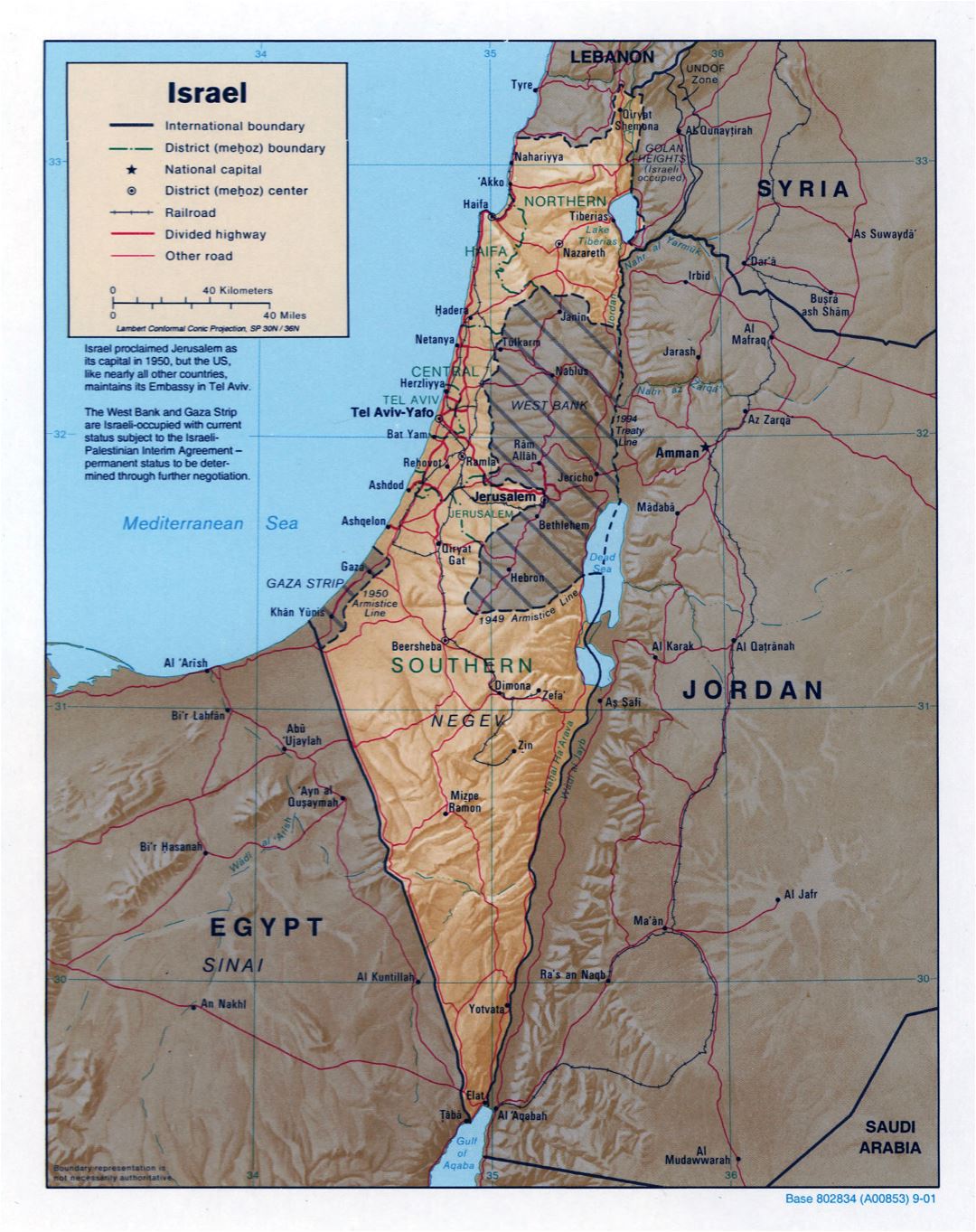 Grande detallado mapa político y administrativo de Israel con socorro, carreteras, ferrocarriles y principales ciudades - 2001