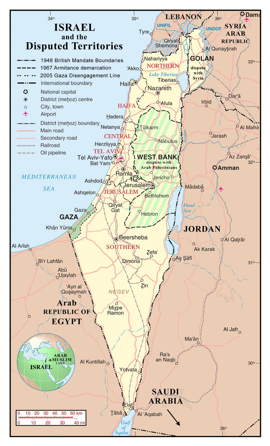 Grande detallado mapa político y administrativo de Israel con territorios en disputa