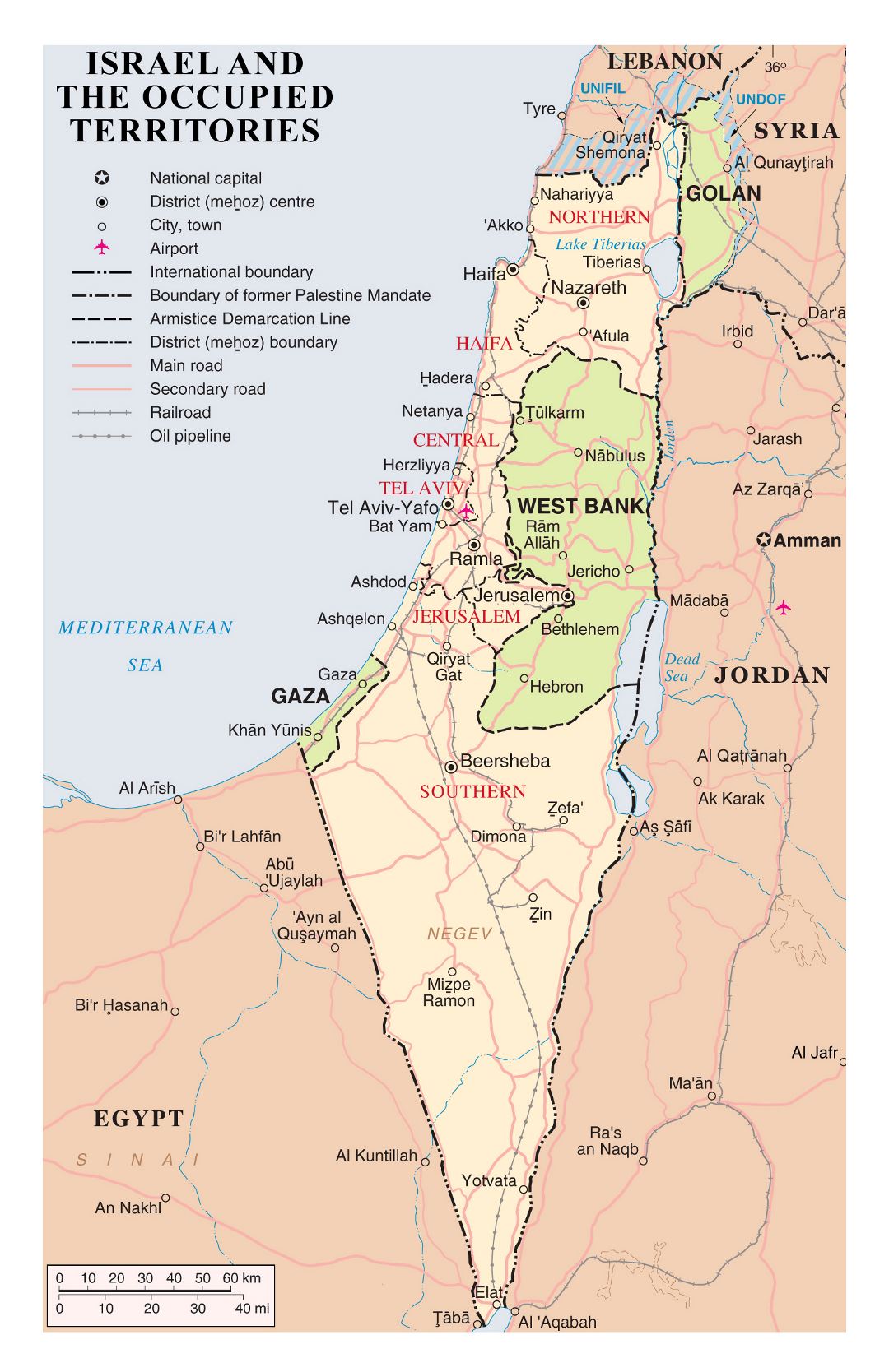 Grande detallado mapa político y administrativo de Israel y los territorios ocupados con carreteras, ciudades, aeropuertos y otras marcas