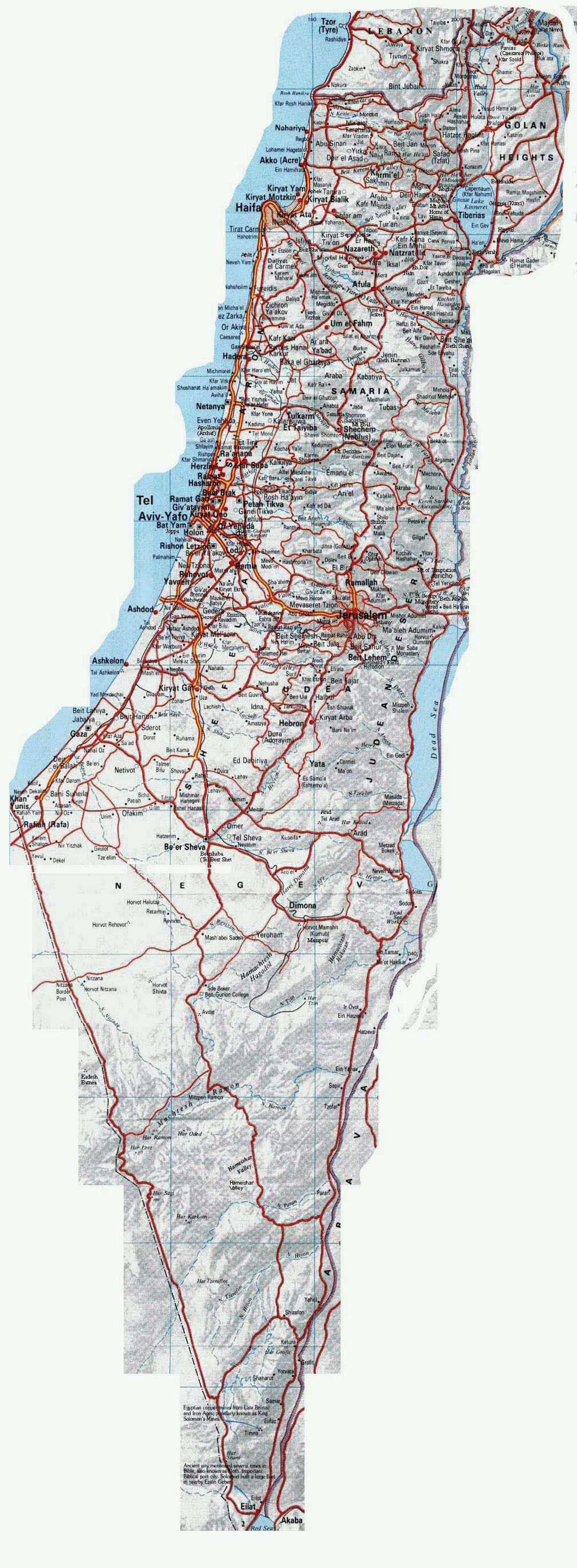 Grande mapa de carreteras de Israel con relieve y ciudades