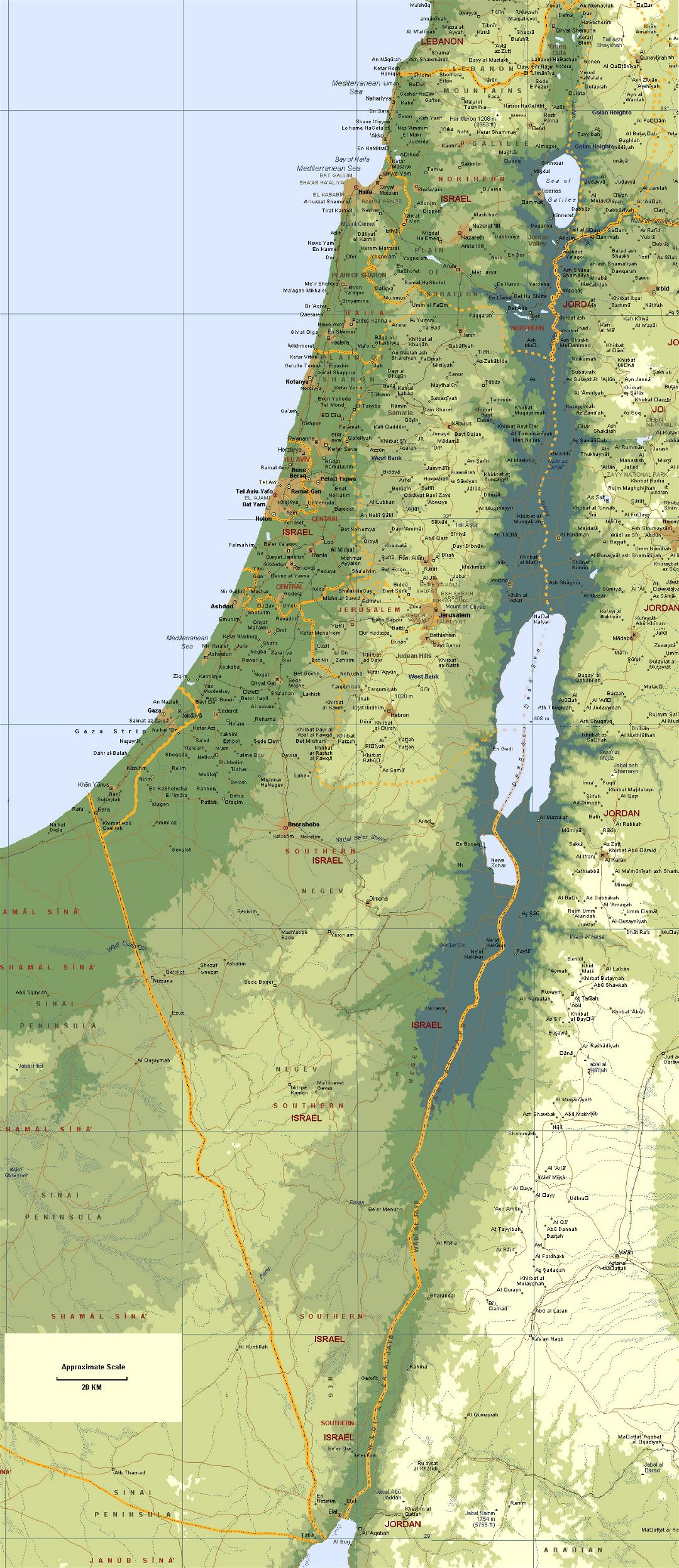 Grande mapa de elevación de Israel con carreteras y ciudades
