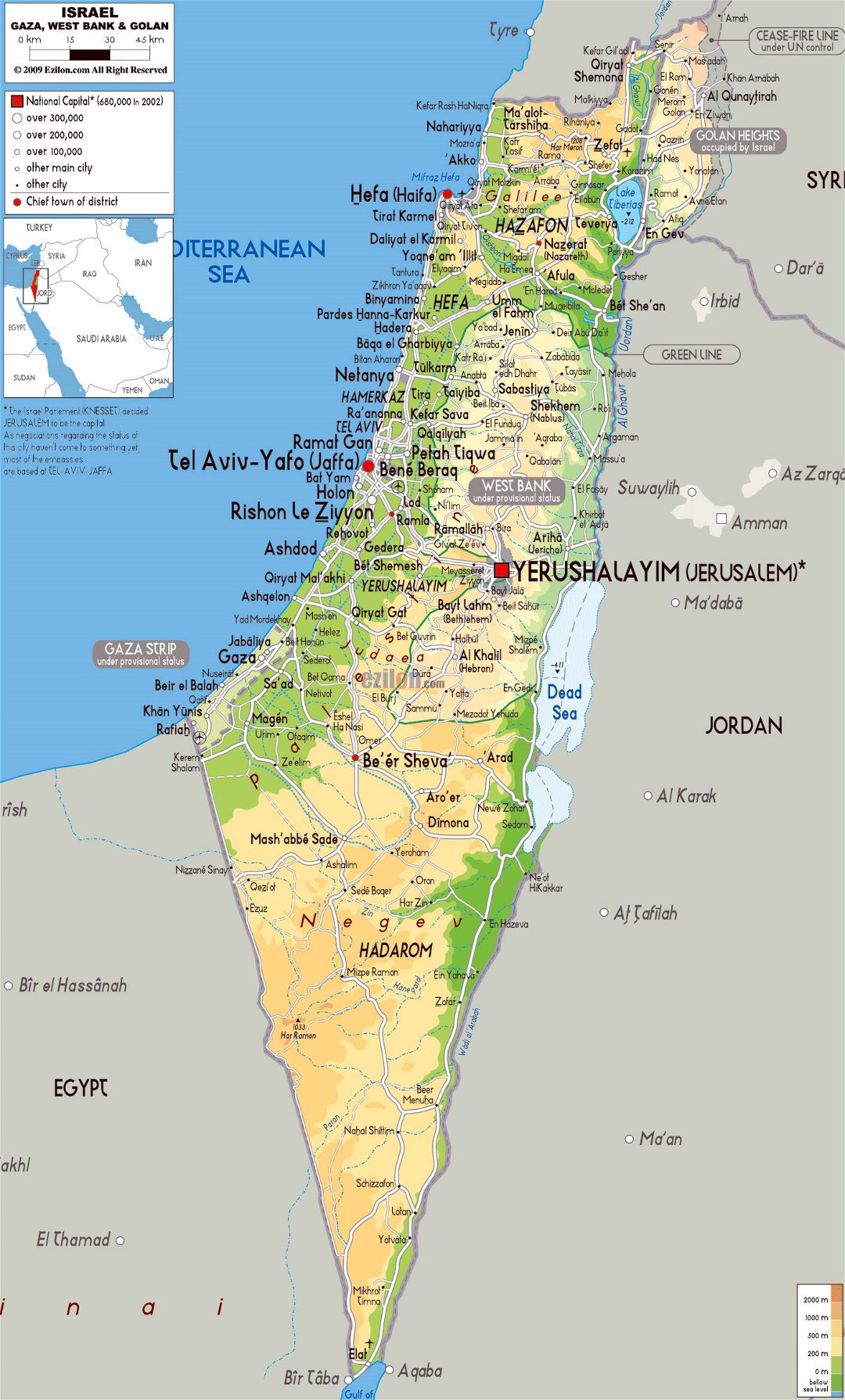 Grande mapa físico de Israel con carreteras, ciudades y aeropuertos